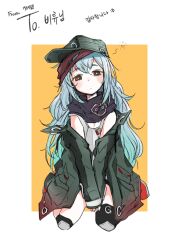 Rule 34 | 1girl, bandana, between legs, blush, brown eyes, closed mouth, commentary request, full body, g11 (girls&#039; frontline), girls&#039; frontline, green hat, green jacket, grey hair, hair between eyes, hand between legs, hat, jacket, knee pads, kneeling, korean text, long hair, looking at viewer, mogijabgo, orange background, red bandana, red footwear, shirt, shoes, simple background, sleeveless, sleeveless shirt, sneakers, solo, straight-on, translation request, two-tone background, very long hair, white background, white shirt