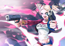 Rule 34 | 1girl, bad id, bad pixiv id, batman (series), blonde hair, blue eyes, breasts, colored tips, dc comics, doromame, dual wielding, finger on trigger, gun, handgun, harley quinn, highres, holding, jacket, lipstick, makeup, medium breasts, midriff, multicolored clothes, multicolored hair, open mouth, pantyhose, pistol, short shorts, shorts, smile, solo, suicide squad, tongue, tongue out, twintails, weapon