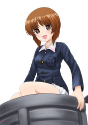 Rule 34 | 1girl, absurdres, blue jacket, brown eyes, brown hair, commentary, girls und panzer, highres, jacket, long sleeves, looking at viewer, military uniform, miniskirt, nao suke, nishizumi miho, ooarai military uniform, open mouth, pleated skirt, short hair, simple background, sitting, skirt, smile, solo, tank cupola, uniform, white background, white skirt
