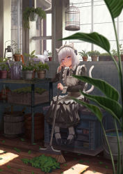 Rule 34 | 1girl, absurdres, animal ears, apron, blush, bob cut, broom, cat, cat ears, cat tail, cleaning, closed mouth, fang, grey hair, highres, indoors, leaf, looking at viewer, maid, maid apron, maid headdress, mary janes, original, pink eyes, plaid, pout, shoes, short hair, silvertsuki, sitting, solo, tail, white hair, white legwear