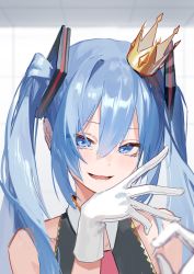 Rule 34 | 1girl, blue eyes, blue hair, crown, gloves, hatsune miku, highres, jiu ye sang, looking at viewer, necktie, open mouth, sleeveless, smile, twintails, upper body, vocaloid, white gloves