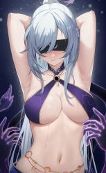 Rule 34 | 1girl, absurdres, alternate costume, armpits, arms behind head, arms up, bare shoulders, blindfold, blush, breasts, chinese commentary, cleavage, closed mouth, collarbone, commentary, commentary request, earrings, hair ornament, halterneck, highres, honkai: star rail, honkai (series), jewelry, jingliu (honkai: star rail), karsa, large breasts, long hair, navel, restrained, solo, stomach, upper body, very long hair, white hair