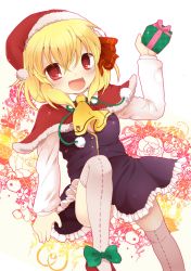 Rule 34 | 1girl, ascot, bad id, bad pixiv id, blonde hair, capelet, christmas, embodiment of scarlet devil, fang, female focus, gift, hair ribbon, holding, holding gift, kokorominton, red eyes, ribbon, rumia, santa costume, short hair, solo, thighhighs, touhou, white thighhighs