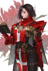 Rule 34 | 1girl, armor, bible (object), black capelet, black hair, book, bracer, breasts, capelet, chrysanthemum, cropped legs, cross, cross earrings, crucifix, earrings, embroidery, floral background, flower, girdle, gorget, highres, holding, holding book, holding weapon, hoop earrings, jewelry, knight, large breasts, lizchief, medium hair, mole, mole under eye, original, parted bangs, pauldrons, pelvic curtain, red eyes, red flower, red lips, shoulder armor, weapon