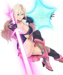 Rule 34 | 00s, 1girl, armor, black bra, black gloves, blazer, blonde hair, blue eyes, blush, bra, breasts, breasts apart, chigasaki ririko, cleavage, closed mouth, collar, collarbone, earrings, energy sword, female focus, fishnet thighhighs, fishnets, from side, full body, gauntlets, gloves, glowing, greaves, hair between eyes, high heels, holding, holding sword, holding weapon, jacket, jewelry, jpeg artifacts, knee up, lace, lace-trimmed bra, lace trim, large breasts, light smile, long hair, long sleeves, looking at viewer, midriff, miniskirt, mizuryu kei, official art, open clothes, open jacket, open shirt, outstretched arms, parted bangs, pink skirt, pleated skirt, shield, shirt, simple background, sitting, skirt, smile, solo, spread arms, star (symbol), star earrings, sword, taimanin (series), taimanin asagi, taimanin asagi kessen arena, thighhighs, underwear, vambraces, wavy hair, weapon, white background