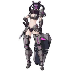 Rule 34 | 1girl, armor, artist request, bikini, bikini armor, black bikini, black gloves, black hair, black sleeves, boots, breasts, cleavage, cleavage cutout, clothing cutout, detached sleeves, facing viewer, full body, girls&#039; frontline, gloves, grey footwear, guard (girls&#039; frontline), hair ornament, hand on own hip, head-mounted display, high collar, high heel boots, high heels, knife, large breasts, leg armor, long hair, magazine (weapon), mechanical legs, midriff, multicolored hair, official art, pale skin, pauldrons, purple hair, sangvis ferri, shield, shoulder armor, single pauldron, solo, standing, streaked hair, swimsuit, thigh boots, transparent background, twintails