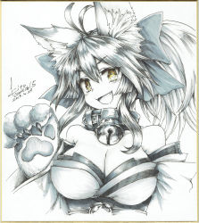 Rule 34 | &gt;:), 1girl, ahoge, animal ear fluff, animal ears, animal hands, bare shoulders, bell, breasts, cat paws, cleavage, collar, dated, detached sleeves, fang, fate/grand order, fate (series), fox ears, fox girl, gloves, greyscale, hair ribbon, japanese clothes, jingle bell, kito (kito2), large breasts, long hair, looking at viewer, monochrome, neck bell, open mouth, paw gloves, paw pose, pixiv username, ponytail, ribbon, signature, simple background, solo, tamamo (fate), tamamo cat (fate), tamamo cat (first ascension) (fate), white background, yellow eyes
