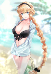 Rule 34 | 1girl, bag, bikini, black bikini, blue eyes, blue jacket, blurry, blurry background, braid, braided ponytail, breasts, cleavage, commentary request, cowboy shot, day, fate/grand order, fate (series), front-tie bikini top, front-tie top, handbag, highres, hood, hooded jacket, iwanaga tm, jacket, jeanne d&#039;arc (fate), jeanne d&#039;arc (ruler) (fate), jeanne d&#039;arc (swimsuit archer) (fate), jeanne d&#039;arc (swimsuit archer) (first ascension) (fate), large breasts, open clothes, open jacket, outdoors, ponytail, single braid, smile, solo, swimsuit
