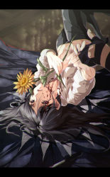Rule 34 | 1girl, bad id, bad pixiv id, black hair, blood, brown eyes, fingerless gloves, flower, gloves, hand grab, holding, holding hands, letterboxed, long hair, lying, on back, open mouth, solo focus, sunflower, viola (seed)