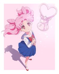 Rule 34 | 1girl, absurdres, animehyein, bell, bishoujo senshi sailor moon, bishoujo senshi sailor moon supers, blue skirt, bow, brooch, chibi usa, crystal carillon, double bun, earrings, floating hair, from above, full body, hair bun, heart, heart brooch, highres, jewelry, long hair, looking up, official style, outside border, pink background, pink eyes, pink hair, pleated skirt, red bow, red footwear, sailor collar, school uniform, serafuku, shadow, skirt, solo, standing, staring, stud earrings, suspender skirt, suspenders, twintails, white legwear, white sailor collar