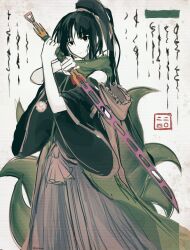 Rule 34 | 1other, adagumo no yaorochi, androgynous, bare shoulders, black eyes, black hair, black shirt, black sleeves, blunt bangs, cape, closed mouth, coat, commentary request, detached sleeves, euthan, expressionless, feet out of frame, frilled cape, green coat, green scarf, hair between eyes, hair ornament, hair scrunchie, hakama, hakama pants, highres, holding, holding sword, holding weapon, japanese clothes, len&#039;en, long hair, long sleeves, looking at viewer, multiple tails, neckerchief, open clothes, open coat, other focus, pale skin, pants, pink cape, pom pom (clothes), purple hakama, purple pants, red neckerchief, scarf, scrunchie, shirt, side ponytail, sleeveless, sleeveless coat, sleeveless shirt, snake tail, solo, sword, sword of kusanagi, tail, tasouken, text background, weapon, white background, wide sleeves
