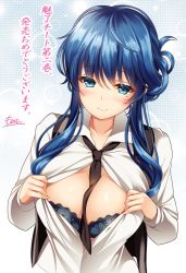 Rule 34 | 1girl, between breasts, black bra, black necktie, black vest, blue eyes, blue hair, blush, bra, breasts, buttons, cleavage, closed mouth, collarbone, collared shirt, eyebrows, isekai de miryou cheat wo tsukatte dorei harem wo tsukuttemita, lace, lace-trimmed bra, lace trim, large breasts, lingerie, long sleeves, looking at viewer, matching hair/eyes, monety, necktie, necktie between breasts, open clothes, open shirt, open vest, shirt, short hair with long locks, smile, solo, text focus, translation request, unbuttoned, unbuttoned shirt, underwear, undressing, upper body, vest, wing collar