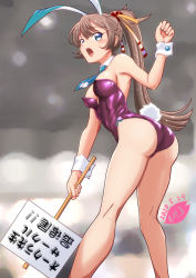 Rule 34 | 1girl, animal ears, artist logo, blue necktie, breasts, brown hair, commentary request, dated, detached collar, fake animal ears, feet out of frame, gluteal fold, hair ribbon, kantai collection, kazagumo (kancolle), leotard, long hair, medium breasts, moke ro, necktie, open mouth, playboy bunny, ponytail, purple leotard, rabbit ears, rabbit girl, rabbit tail, ribbon, sign, solo, standing, strapless, strapless leotard, tail, translation request, wrist cuffs