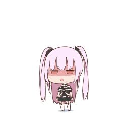 Rule 34 | 1girl, black dress, brown eyes, chibi, commentary request, dress, empty eyes, full body, garter straps, hololive, long hair, open mouth, pink hair, purin a la mode (popup), shaded face, smile, solo, thighhighs, two side up, uruha rushia, uruha rushia (3rd costume), virtual youtuber, wrist cuffs