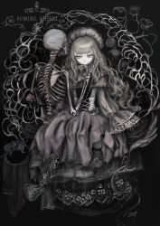 Rule 34 | 1girl, artist name, black background, black dress, doll, doll joints, dress, english text, goth fashion, gothic lolita, greyscale, highres, joints, lolita fashion, long hair, looking at viewer, monochrome, original, signature, sitting, skeleton, sumireshisei, very long hair, watermark