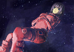 Rule 34 | blue eyes, bodysuit, breasts, closed mouth, commentary request, feet out of frame, formal, hoshijiro shizuka, kath, looking at viewer, medium breasts, night, night sky, outdoors, red suit, sidonia no kishi, sky, space, star (sky), starry sky, suit