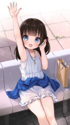 Rule 34 | 1girl, :d, absurdres, armpits, black hair, blue eyes, blue jacket, blush, cellphone, child, clothes around waist, commentary, comodomodo, dress, english commentary, faeryn (comodomodo), feet out of frame, female focus, frilled dress, frills, highres, holding, holding phone, jacket, jacket around waist, long hair, open mouth, original, phone, short dress, sitting, sleeveless, sleeveless dress, smartphone, smile, solo, star (symbol), talking on phone, waving, white dress