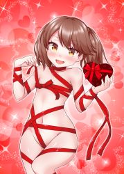 Rule 34 | 1girl, :d, blush, box, brown eyes, brown hair, commentary request, fang, flat chest, gift, gift box, groin, hair between eyes, heart, heart-shaped box, heart background, highres, holding, holding gift, kantai collection, kirigakure (kirigakure tantei jimusho), long hair, naked ribbon, navel, open mouth, red ribbon, ribbon, ryuujou (kancolle), smile, solo, sparkle background, twintails, valentine