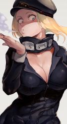 Rule 34 | 1girl, black bodysuit, blonde hair, blowing, blue eyes, bodysuit, boku no hero academia, breasts, breath, catsuit, center opening, cleavage, collarbone, hat, highres, ibuo (ibukht1015), large breasts, latex, latex bodysuit, long hair, looking to the side, no bra, open bodysuit, open clothes, peaked cap, skin tight, solo, unzipped, utsushimi kemii, zipper pull tab