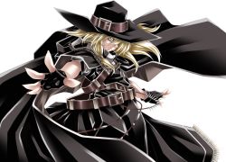 Rule 34 | 1girl, alternate costume, belt, black gloves, blonde hair, buckle, cape, cowboy hat, cowboy western, female focus, fingerless gloves, fringe trim, gloves, hair ornament, hat, highres, kirisame marisa, koumajou densetsu, long hair, looking at viewer, outstretched arms, outstretched hand, serious, simple background, solo, spread arms, touhou, white background, witch hat, yellow eyes, yoiti