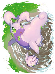 Rule 34 | commentary request, creatures (company), from above, game freak, gen 6 pokemon, goodra, goomy, grass, green eyes, highres, looking up, nintendo, no humans, nullma, open mouth, pokemon, pokemon (creature), tongue, wading, water