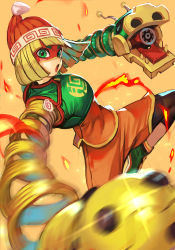 Rule 34 | 1girl, arms (game), beanie, blonde hair, blunt bangs, breasts, chinese clothes, commentary, cowboy shot, domino mask, dragon (arms), fire, glint, green eyes, green footwear, green shirt, hat, hungry clicker, looking at viewer, mask, medium breasts, megawatt (arms), min min (arms), motion blur, nintendo, open mouth, orange background, orange shorts, red hat, shirt, shoes, short hair, shorts, simple background, solo, super smash bros., thick eyebrows