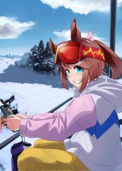 Rule 34 | 1girl, animal ears, blue eyes, blush, brown hair, cellphone, cloud, coat, corrupted twitter file, day, feet out of frame, goggles, goggles on head, grin, highres, holding, holding phone, horse ears, long hair, long sleeves, looking at viewer, looking to the side, mittens, multicolored hair, outdoors, pants, phone, photo background, ponytail, ram (p searam), sitting, ski lift, smartphone, smile, snow, solo, streaked hair, tokai teio (umamusume), tree, umamusume, white coat, winter clothes, winter coat, yellow pants