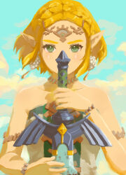 Rule 34 | 1girl, absurdres, bare shoulders, blonde hair, braid, crown braid, dress, earrings, fuwamoko momen toufu, green eyes, hair ornament, highres, holding, holding sword, holding weapon, jewelry, looking at viewer, master sword, nintendo, official alternate costume, official alternate hair length, official alternate hairstyle, parted bangs, pointy ears, princess zelda, scene reference, short hair, sidelocks, solo, sword, teardrop facial mark, the legend of zelda, the legend of zelda: tears of the kingdom, weapon, white dress