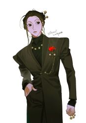 Rule 34 | &lt;o&gt; &lt;o&gt;, 1boy, alternate costume, black coat, black eyes, black hair, black shirt, character name, coat, cowboy shot, flower, hair ornament, hairpin, hand in pocket, highres, holding, holding needle, hunter x hunter, illumi zoldyck, irpot, long coat, long hair, long sleeves, looking to the side, male focus, needle, pin, shirt, simple background, solo, white background