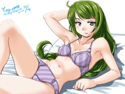 Rule 34 | 1girl, ahoge, arm behind head, arm up, armpits, bare arms, bare shoulders, blue eyes, blush, bra, braid, character name, collarbone, cowboy shot, dated, green hair, kantai collection, knee up, lips, long hair, looking at viewer, mole, mole under mouth, navel, panties, purple bra, purple panties, signature, simple background, single braid, sitting, smile, solo, stomach, striped bra, striped clothes, striped panties, swept bangs, tatsumi ray, thighs, twitter username, underwear, underwear only, white background, yuugumo (kancolle)