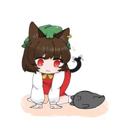 Rule 34 | 1girl, :3, afterimage, all fours, animal ear piercing, animal ears, brown hair, cat ears, cat tail, chen, chibi, dress, earrings, full body, green hat, hat, highres, jewelry, kurotaro, looking at animal, mob cap, no shoes, red dress, red eyes, short hair, simple background, single earring, sitting, sleeping, socks, solo, tail, tail wagging, touhou, wariza, white background