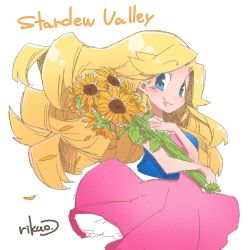Rule 34 | 1girl, bare arms, blonde hair, blue eyes, blue vest, blush, closed mouth, copyright name, dress, eyebrows, facing away, floating hair, flower, haley (stardew valley), holding, holding flower, long hair, open clothes, open vest, petals, pink dress, rikuo (whace), signature, simple background, smile, solo, stardew valley, sunflower, vest, white background, yellow flower