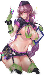 Rule 34 | 1girl, :q, absurdres, between fingers, bikini, blush, braid, breasts, clipboard, covered erect nipples, ctrlz77, fate/grand order, fate (series), florence nightingale (fate), florence nightingale (trick or treatment) (fate), garter straps, gloves, green gloves, green thighhighs, halloween, hat, highres, holding, large breasts, layered bikini, licking lips, lips, long hair, looking at viewer, navel, nurse cap, official alternate costume, pink eyes, pink hair, revealing clothes, shrug (clothing), simple background, skirt, smile, solo, sparkle, swimsuit, syringe, thighhighs, tongue, tongue out, white background