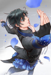 Rule 34 | 1boy, black gloves, black hair, blue eyes, blue flower, blue petals, blue rose, closed mouth, figure skating, fingerless gloves, flower, frills, gloves, highres, hoshiaimitsuru, jewelry, long sleeves, looking up, male focus, original, outstretched arms, petals, rose, solo