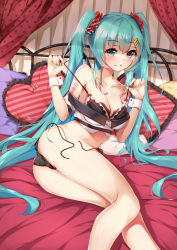 Rule 34 | 1girl, ass, bare shoulders, bed, bed sheet, black bra, black panties, blue eyes, blue hair, blue nails, blush, bodypaint, bra, breasts, cleavage, collarbone, crop top, curtains, foreshortening, hair ornament, hair scrunchie, hairclip, hatsune miku, heart, heart-shaped pupils, heart-shaped pillow, long hair, looking at viewer, lying, medium breasts, nail polish, off shoulder, on bed, on side, panties, pillow, polka dot, pulling own clothes, scrunchie, side-tie panties, solo, strap pull, striped pillow, symbol-shaped pupils, tareme, thighs, twintails, underwear, untied panties, very long hair, vocaloid, wrist cuffs, yitiao yuxian