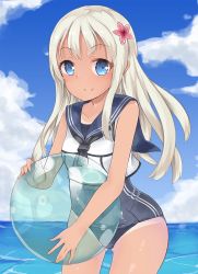 Rule 34 | 10s, 1girl, ball, beachball, blonde hair, blue eyes, cloud, cowboy shot, crop top, day, flower, gradient background, hair flower, hair ornament, highres, kantai collection, long hair, looking at viewer, monobe tsukuri, one-piece swimsuit, ro-500 (kancolle), school swimsuit, school uniform, serafuku, sky, smile, solo, swimsuit, swimsuit under clothes, tan, tanline, water