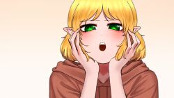 Rule 34 | 1girl, :o, alternate costume, blonde hair, blush, brown background, brown hoodie, commentary, eyelashes, green eyes, hands on own cheeks, hands on own face, highres, hood, hood down, hoodie, looking at viewer, mizuhashi parsee, open mouth, pointy ears, short hair, solo, teeth, touhou, upper body, upper teeth only, yokozuna iwashi