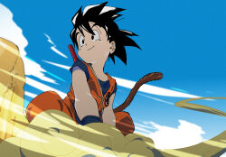 Rule 34 | 1boy, black eyes, black hair, blue sky, child, closed mouth, dougi, dragon ball, highres, kojima takashi, looking to the side, male focus, on cloud, sitting, sky, smile, solo, son goku, spiked hair, staff, tail, weapon, wristband
