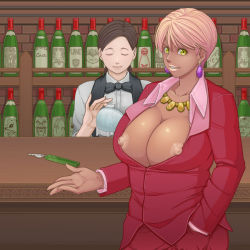 Rule 34 | 2girls, android 18, aratama (a-tama), areola slip, bald, bartender, beard, bottle, bow, bowtie, breasts, brown hair, bursting breasts, cameo, cleavage, closed eyes, dark-skinned female, dark skin, dragon ball, dragonball z, earrings, facial hair, huge breasts, jewelry, key, large breasts, lips, looking at viewer, majin buu, mature female, mole, mole under eye, mr. satan, multiple girls, mustache, muten roushi, necklace, nipple slip, nipples, no bra, old, old man, open clothes, open mouth, open shirt, pink hair, shirt, smile, sunglasses, super buu, thick lips, tomboy, wine bottle, yellow eyes