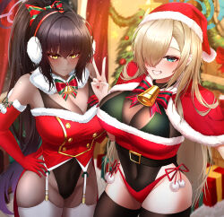 Rule 34 | 2girls, absurdres, alternate costume, asuna (blue archive), bell, belt, black belt, black hair, black thighhighs, blue archive, blue eyes, blue halo, blush, breasts, capelet, christmas, christmas tree, cleavage, commentary request, dark-skinned female, dark skin, elbow gloves, gloves, grin, groin, hair between eyes, hair over one eye, halo, hat, highres, karin (blue archive), large breasts, light brown hair, long hair, looking at viewer, multiple girls, pom pom (clothes), ponytail, purple halo, red capelet, red gloves, red headwear, santa hat, smile, ssb (nit8921), thighhighs, yellow eyes