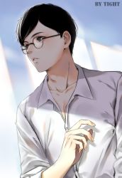 Rule 34 | 1boy, black eyes, black hair, chang ming hui, detention (game), glasses, highres, looking to the side, male focus, school uniform, short hair, solo, tight (ohmygod)