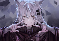 Rule 34 | 1girl, animal ears, arknights, brown coat, closed mouth, coat, double w, grey background, grey eyes, highres, lappland (arknights), light smile, linfey, long sleeves, looking at viewer, portrait, scar, scar across eye, solo, w, white hair