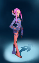 Rule 34 | 1girl, anemone (eureka seven), bodysuit, bones (company), breasts, eureka seven, eureka seven (series), full body, hair ornament, hairclip, hand on own hip, highres, optionaltypo, pilot suit, pink hair, sidelocks, small breasts, solo, standing
