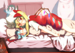 Rule 34 | 2girls, apron, b-ginga, bed, blonde hair, blood, blue hair, blush, bow, clenched teeth, crystal, embarrassed, female focus, flandre scarlet, girl on top, glass, hair bow, hat, lying, lying on person, multiple girls, on stomach, pillow, red eyes, remilia scarlet, short hair, short sleeves, siblings, side ponytail, sisters, smile, star-shaped pupils, star (symbol), stuffed animal, stuffed toy, symbol-shaped pupils, teeth, touhou, wings, wrist cuffs