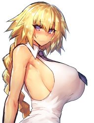Rule 34 | 1girl, armpits, bare arms, bare shoulders, black necktie, blonde hair, blush, braid, breasts, fate/apocrypha, fate/grand order, fate (series), from side, frown, highres, huge breasts, jeanne d&#039;arc (fate), jeanne d&#039;arc (girl from orleans) (fate), jeanne d&#039;arc (ruler) (fate), large breasts, long hair, looking at viewer, looking to the side, melon22, necktie, nose blush, parted lips, purple eyes, shirt, sideboob, single braid, sleeveless, sleeveless shirt, solo, sweat, upper body, white shirt