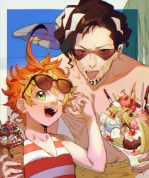 Rule 34 | 1boy, 1girl, ;d, ahoge, banana, beach, beach umbrella, black hair, blue sky, border, cherry, chinese commentary, chocolate, commentary request, cream, cream on face, emma (yakusoku no neverland), eyelashes, eyewear on head, facial hair, food, food on face, fruit, highres, holding, holding food, ice cream, ice cream cone, looking at viewer, male swimwear, multicolored hair, neck tattoo, number tattoo, ocean, one-piece swimsuit, one eye closed, open mouth, orange hair, orange male swimwear, orange swim trunks, outdoors, palm tree, parfait, partial commentary, pocky, qin (7833198), short hair, sky, smile, sprinkles, striped clothes, striped one-piece swimsuit, stubble, sunglasses, swim trunks, swimsuit, tattoo, teeth, tongue, tongue out, topless male, tree, two-tone hair, umbrella, upper teeth only, waffle cone, wavy hair, white hair, yakusoku no neverland, yuugo (yakusoku no neverland)
