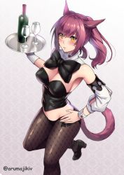 Rule 34 | 10s, 1girl, animal ears, armlet, aruma jiki, asymmetrical sleeves, black bow, black bowtie, black footwear, bottle, bow, bowtie, breasts, covered erect nipples, crescent, crop top, cup, detached collar, detached sleeves, drinking glass, facial mark, final fantasy, final fantasy xiv, from above, glass, groin, hand on own hip, holding, holding tray, large breasts, long hair, looking at viewer, midriff, miqo&#039;te, ponytail, purple hair, shoes, solo, standing, standing on one leg, strapless, tail, tray, twitter username, uneven sleeves, wine bottle, wine glass, wrist cuffs, yellow eyes
