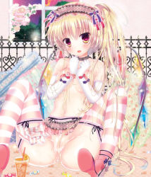 Rule 34 | 1girl, blonde hair, blush, breasts, censored, convenient censoring, covering breasts, covering privates, elbow gloves, fang, flandre scarlet, frills, gloves, hair censor, hairband, large breasts, panties, pekopokox, red eyes, side ponytail, solo, striped clothes, striped thighhighs, thighhighs, touhou, underwear, underwear only, wet, wet clothes, wet panties, wings