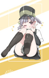Rule 34 | 10s, 1girl, :q, arm warmers, bad id, bad pixiv id, black panties, brown eyes, double v, dress shirt, feet, hair ribbon, hat, highres, kantai collection, mitsudoue, ooshio (kancolle), panties, pantyshot, pleated skirt, ribbon, school uniform, shirt, short hair, sitting, skirt, smile, solo, standing, suspenders, tongue, tongue out, twintails, underwear, v