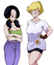 Rule 34 | 2girls, alternate costume, bike shorts, black hair, blonde hair, blue eyes, blush, breasts, cleavage, closed mouth, denim, dragon ball, dragonball z, earrings, embarrassed, erasa (dragon ball), feet out of frame, female focus, fingerless gloves, gloves, groin, hand on own hip, hazama null, height difference, highres, hoop earrings, jeans, jewelry, large breasts, legs, looking at another, multiple girls, nose blush, pants, purple eyes, shirt, short hair, simple background, smile, standing, strapless, striped clothes, striped shirt, thighs, tube top, twintails, videl, white background, white shirt